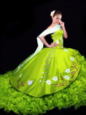 Latest Sweetheart Sleeveless Organza Vestidos de Quinceanera Embroidery and Ruffles Brush Train Lace Up