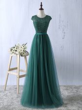 Fabulous Empire Prom Gown Dark Green Scoop Tulle Short Sleeves Floor Length Zipper