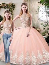  Tulle Scoop Sleeveless Lace Up Beading and Lace and Appliques Quinceanera Dress in Peach