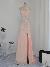 Simple Floor Length Backless Prom Party Dress Peach for Prom and Party and Wedding Party with Beading