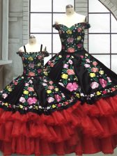 Delicate Ball Gowns Quinceanera Gowns Red And Black Off The Shoulder Organza and Taffeta Sleeveless Floor Length Lace Up
