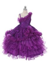  Lace and Ruffles and Ruffled Layers Girls Pageant Dresses Purple Lace Up Sleeveless Floor Length