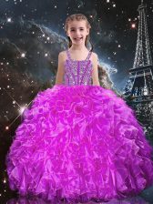 Affordable Floor Length Fuchsia Little Girl Pageant Dress Organza Sleeveless Beading and Ruffles