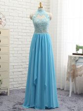  Baby Blue Backless Halter Top Appliques Prom Dress Chiffon Sleeveless