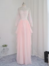  Floor Length Baby Pink Prom Party Dress Chiffon and Silk Like Satin Sleeveless Beading