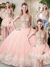  Peach Tulle Backless High-neck Sleeveless Floor Length Sweet 16 Quinceanera Dress Beading and Lace and Appliques