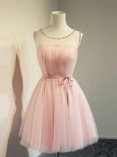 Sumptuous Baby Pink Tulle Lace Up Scoop Long Sleeves Knee Length Quinceanera Court Dresses Belt