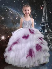  White Tulle Lace Up Little Girls Pageant Gowns Sleeveless Floor Length Beading and Ruffled Layers