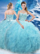  Sweetheart Sleeveless 15th Birthday Dress Floor Length Beading and Pick Ups Aqua Blue Tulle