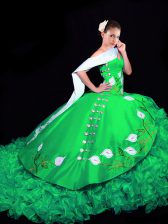 Smart Green Vestidos de Quinceanera Military Ball and Sweet 16 and Quinceanera with Embroidery and Ruffles Sweetheart Sleeveless Brush Train Lace Up