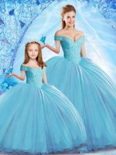  Lace Up Quinceanera Gown Baby Blue for Military Ball and Sweet 16 and Quinceanera with Beading Sweep Train