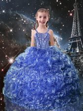Top Selling Blue Ball Gowns Straps Sleeveless Organza Floor Length Lace Up Beading and Ruffles Little Girl Pageant Dress