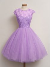  Knee Length Lilac Quinceanera Court Dresses Scoop Cap Sleeves Lace Up