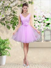  Lilac Lace Up V-neck Lace and Belt Quinceanera Dama Dress Tulle Sleeveless