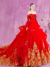 Low Price Court Train Ball Gowns Quinceanera Dress Red Off The Shoulder Tulle Sleeveless Lace Up