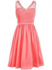 Romantic Watermelon Red V-neck Side Zipper Lace and Ruching Dama Dress for Quinceanera Sleeveless