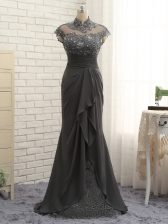 Dazzling Cap Sleeves Floor Length Lace and Ruching Zipper Homecoming Dress with Black