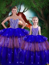 Exceptional Royal Blue Sleeveless Floor Length Beading and Ruffled Layers Lace Up Quinceanera Gown