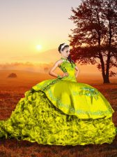  Yellow Green Sweetheart Neckline Embroidery and Ruffles Quince Ball Gowns Sleeveless Lace Up