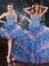 Popular Sweetheart Sleeveless Organza Ball Gown Prom Dress Beading and Ruffled Layers and Sequins Lace Up
