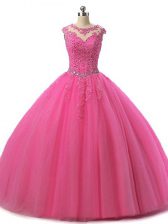 Vintage Hot Pink Lace Up Scoop Beading and Lace Sweet 16 Dress Tulle Sleeveless
