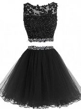 Attractive Black Two Pieces Tulle Scoop Sleeveless Beading and Lace and Appliques Mini Length Zipper Dress for Prom