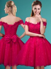 Colorful Red Off The Shoulder Lace Up Lace and Belt Quinceanera Dama Dress Cap Sleeves