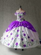  Floor Length Ball Gowns Cap Sleeves White And Purple Quinceanera Gowns Lace Up