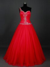  Floor Length Red Prom Party Dress One Shoulder Sleeveless Zipper