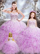 Trendy Lilac Sweetheart Lace Up Beading and Ruffles Quince Ball Gowns Sleeveless