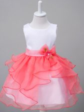 Hot Sale Knee Length Zipper Flower Girl Dresses for Less White And Red for Wedding Party with Ruffles and Bowknot