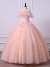  Short Sleeves Floor Length Lace and Appliques Lace Up Quinceanera Gown with Peach