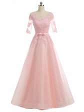 Noble Pink Short Sleeves Floor Length Lace and Appliques Zipper Prom Party Dress
