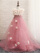  Pink A-line Scoop Sleeveless Tulle Brush Train Zipper Hand Made Flower Little Girl Pageant Dress
