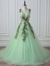Affordable Apple Green Sleeveless Court Train Belt and Hand Made Flower Evening Dress