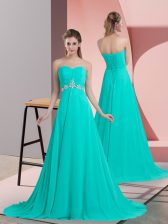  Turquoise Lace Up Prom Evening Gown Beading Sleeveless Brush Train