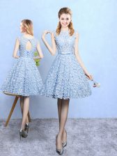 Elegant Light Blue Quinceanera Court of Honor Dress Prom and Party and Wedding Party with Belt Scoop Sleeveless Lace Up