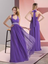  Purple Empire Beading and Ruching Prom Gown Side Zipper Chiffon Sleeveless Floor Length