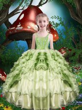 Affordable Beading and Ruffles and Ruffled Layers Child Pageant Dress Yellow Green Lace Up Short Sleeves Floor Length