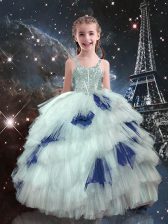  White Tulle Lace Up Straps Sleeveless Floor Length Little Girls Pageant Dress Beading and Ruffled Layers