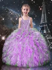  Lilac Lace Up Straps Beading and Ruffles Little Girl Pageant Dress Organza Sleeveless