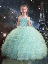 Unique Aqua Blue Sleeveless Organza Lace Up Kids Pageant Dress for Quinceanera and Wedding Party