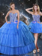 Fantastic Baby Blue Lace Up Sweetheart Ruffled Layers and Sequins Vestidos de Quinceanera Organza Sleeveless