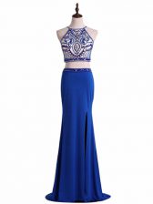  Sleeveless Floor Length Beading Zipper Prom Gown with Royal Blue