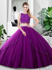 Admirable Tulle Scoop Sleeveless Zipper Lace and Ruching Quinceanera Gown in Purple