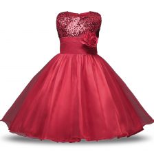 Pretty Wine Red Sleeveless Organza and Sequined Zipper Toddler Flower Girl Dress for Military Ball and Sweet 16 and Quinceanera