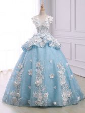Extravagant Light Blue Lace Up Ball Gown Prom Dress Appliques Sleeveless Court Train