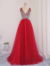 Ideal Red Backless Evening Dress Beading Sleeveless Brush Train