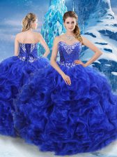 Glittering Royal Blue Sleeveless Organza Lace Up Sweet 16 Quinceanera Dress for Military Ball and Sweet 16 and Quinceanera