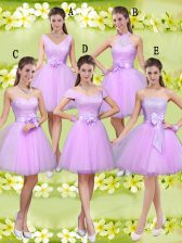  Sleeveless Knee Length Lace and Belt Lace Up Quinceanera Court of Honor Dress with Lilac